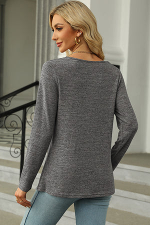Dark Gray asymmetric long sleeve top with button detail and square neck