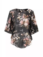 Sheer Floral Print Blouse With Flutter Sleeves in Black, side view