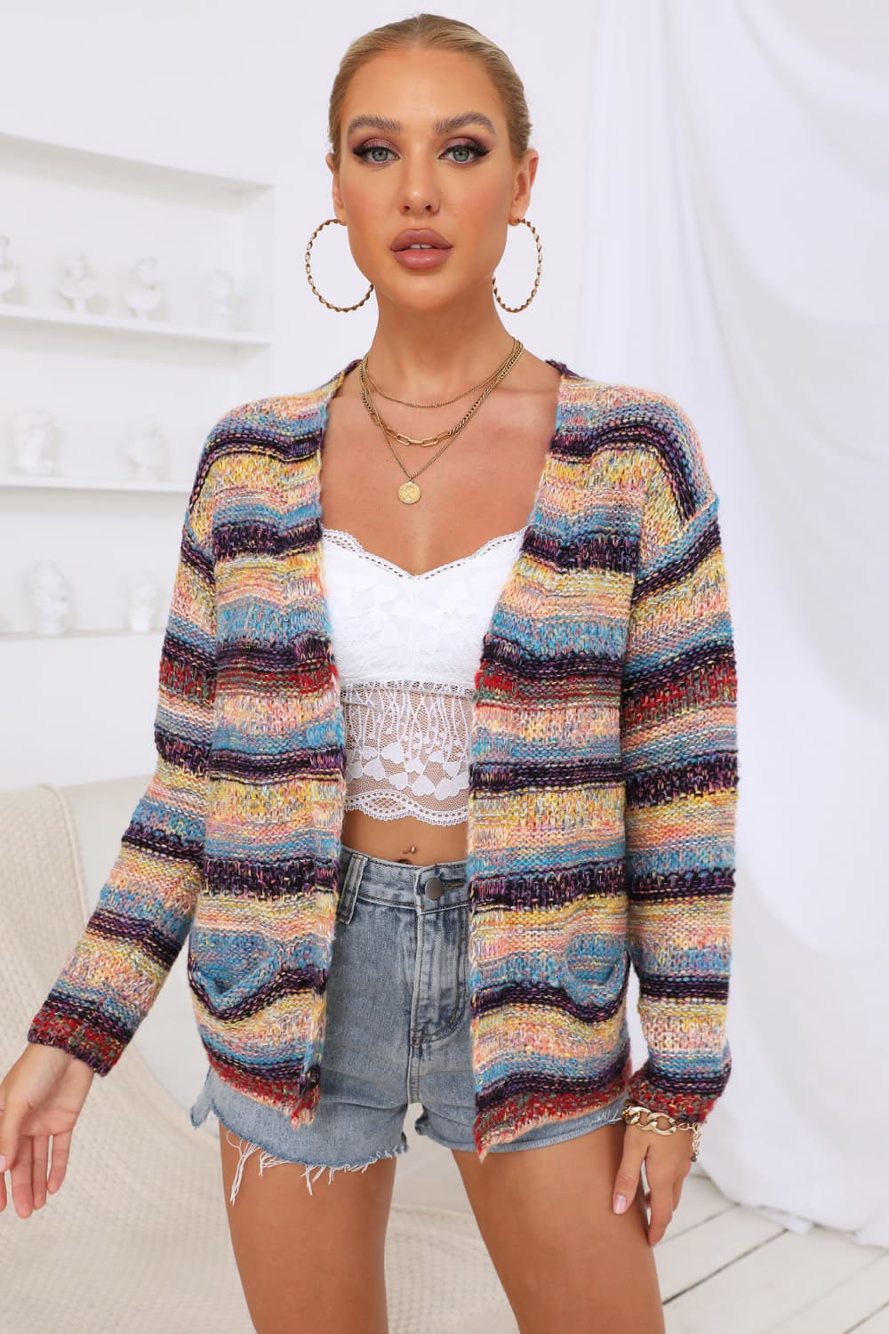 Rainbow stripe open-front knit cardigan with pockets, acrylic, long sleeves.