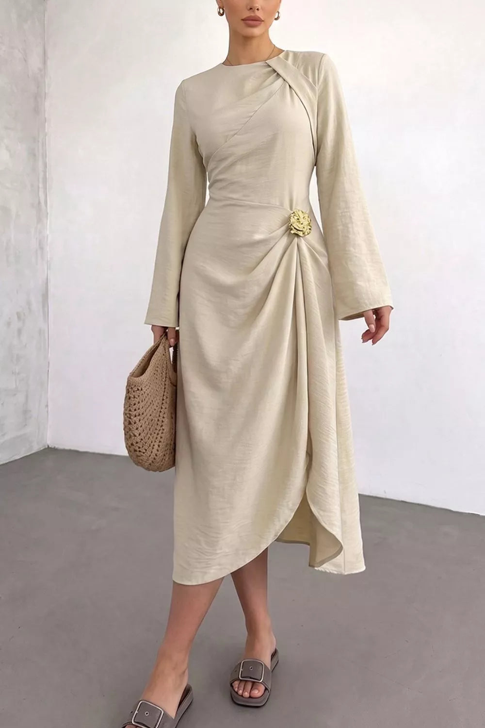 Ruched Long Sleeve Midi Dress in Beige, close-up detail