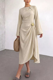 Ruched Long Sleeve Midi Dress in Beige, close-up detail