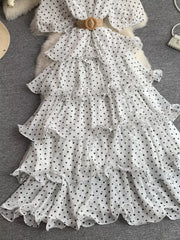White polka dot tiered ruffle dress with belt