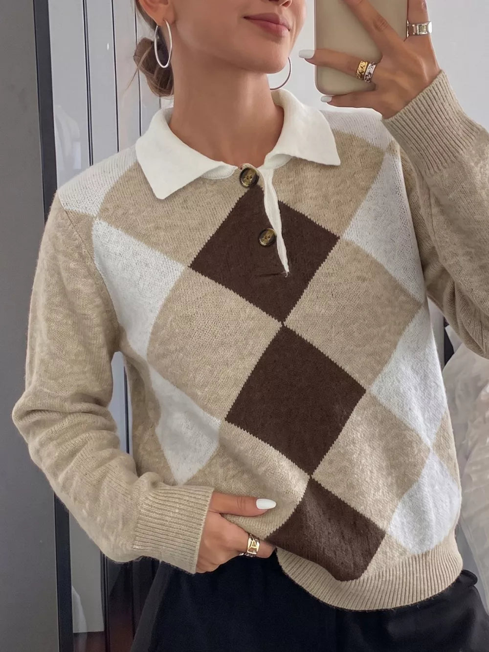 Button-down Ribbed Sweater in Khaki, side view