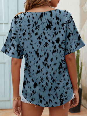 Dusty Blue Dalmatian Print Relaxed Notch Neck Top with short sleeves.