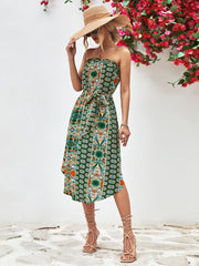 Green printed bandeau midi dress with tie belt and asymmetric hem