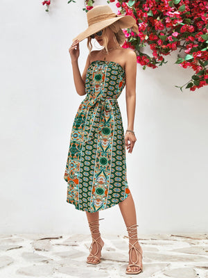 Green printed bandeau midi dress with tie belt and asymmetric hem