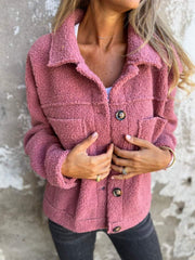 Textured sherpa utility jacket in Dusty Pink with button front and chest pockets.