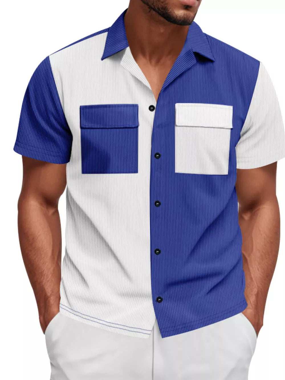 Two-tone blue and white textured short sleeve button-down shirt with two chest pockets.