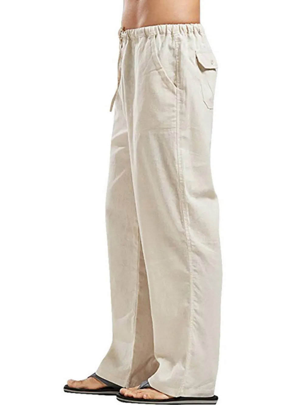 Relaxed fit linen drawstring trousers in Khaki with pockets and a straight leg.