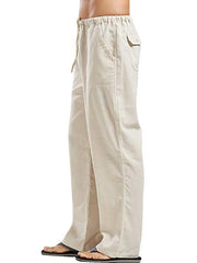 Relaxed fit linen drawstring trousers in Khaki with pockets and a straight leg.