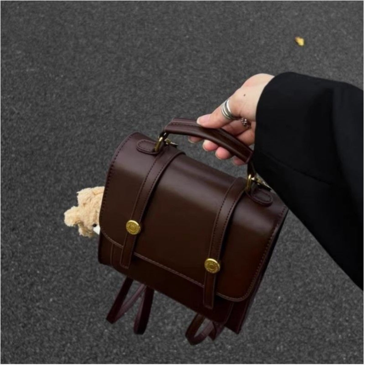 Mini brown pu leather backpack with decorative straps and gold hardware