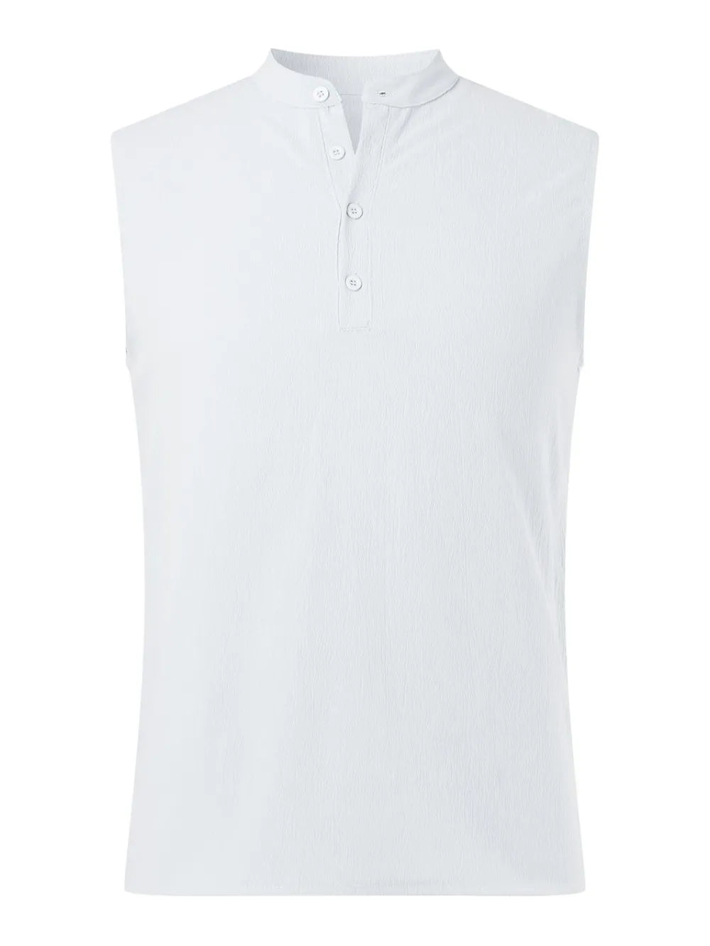White sleeveless shirt with mandarin collar and button placket