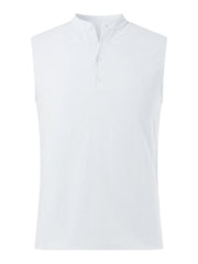 White sleeveless shirt with mandarin collar and button placket