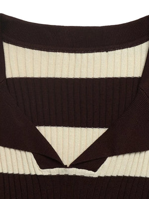 Striped Ribbed Knit Long Sleeve Sweater in Coffee Brown, fabric detail