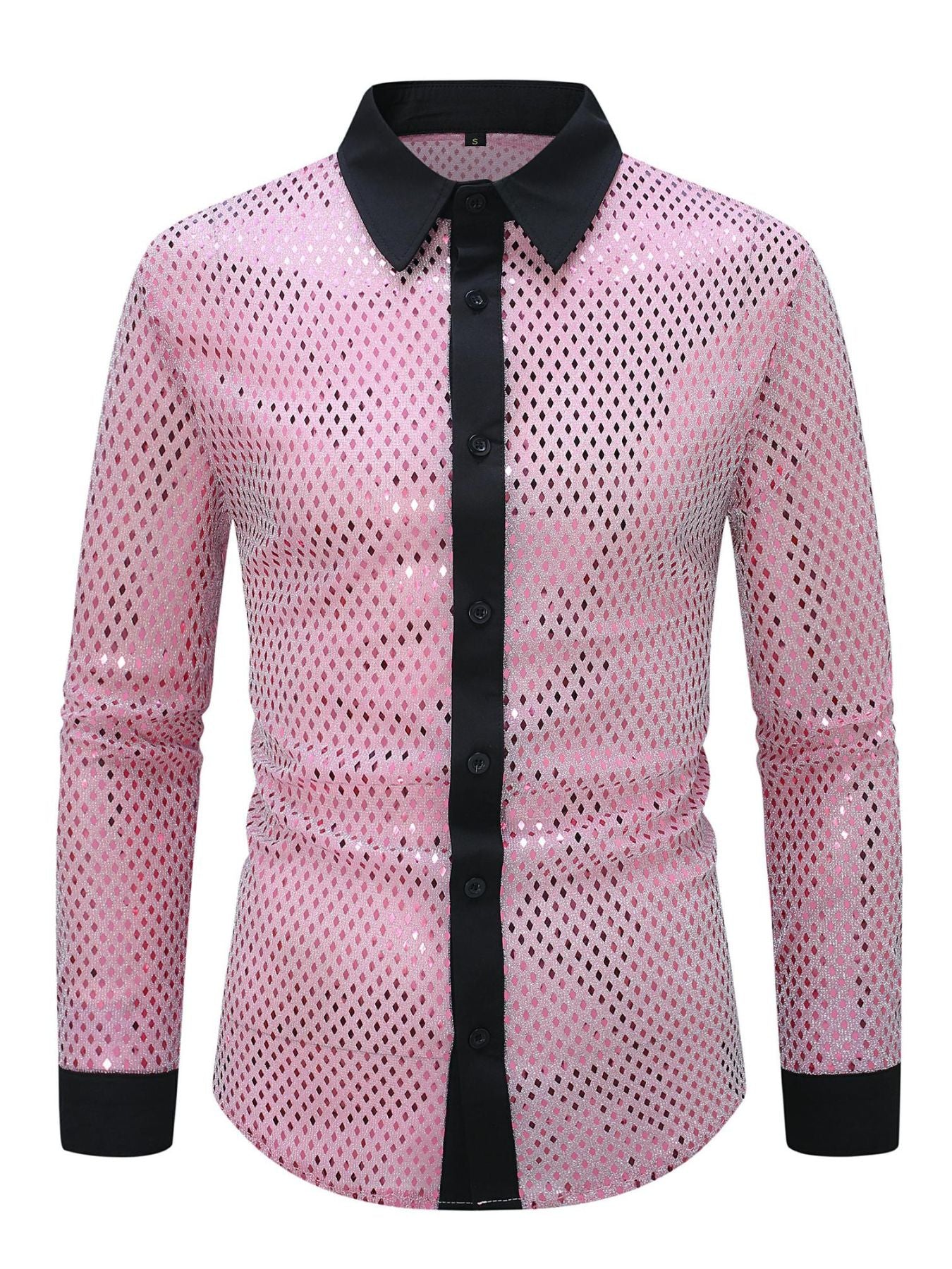 Men's pink openwork long sleeve button-down shirt with black collar and cuffs