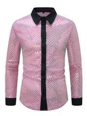 Men's pink openwork long sleeve button-down shirt with black collar and cuffs