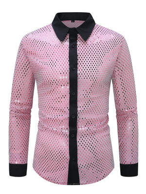 Men's pink openwork long sleeve button-down shirt with black collar and cuffs