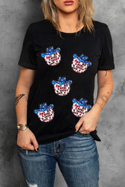 Black cotton blend t-shirt with sequin cowboy hat graphic pattern