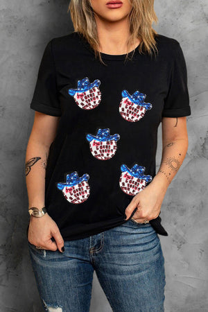Black cotton blend t-shirt with sequin cowboy hat graphic pattern