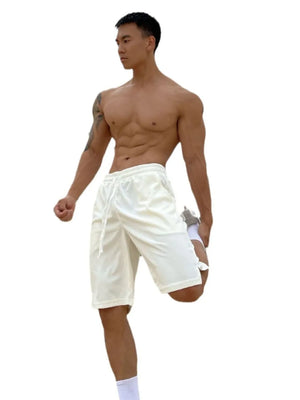 White relaxed-fit drawstring bermuda shorts with a tie detail on the hem.
