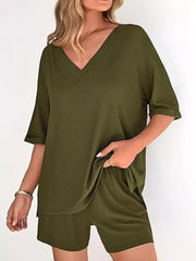 Solid Color V-neck And Shorts Set in Army Green, alternate angle