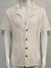 Open-knit herringbone resort shirt in ivory with short sleeves and a button-up front.
