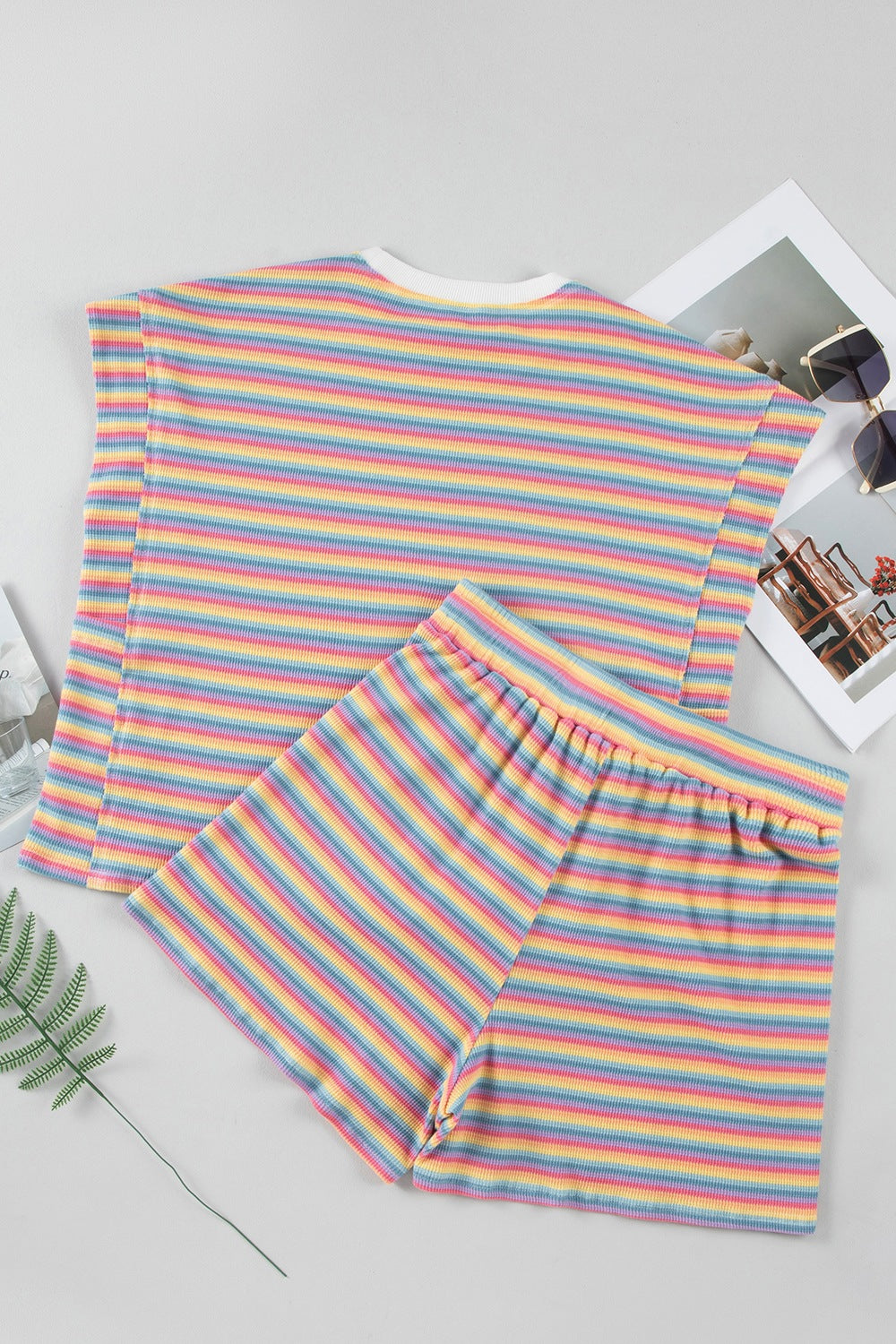 Rainbow striped ribbed loungewear set with crew neck top and elastic waist shorts