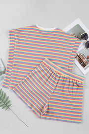Rainbow striped ribbed loungewear set with crew neck top and elastic waist shorts