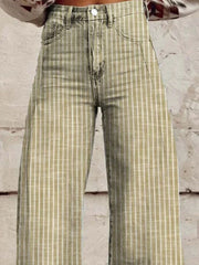 High-waisted wide-leg jeans in green with white vertical stripes and pockets.