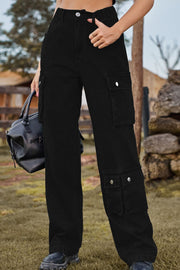 Black denim cargo pants with relaxed wide leg and utility pockets.