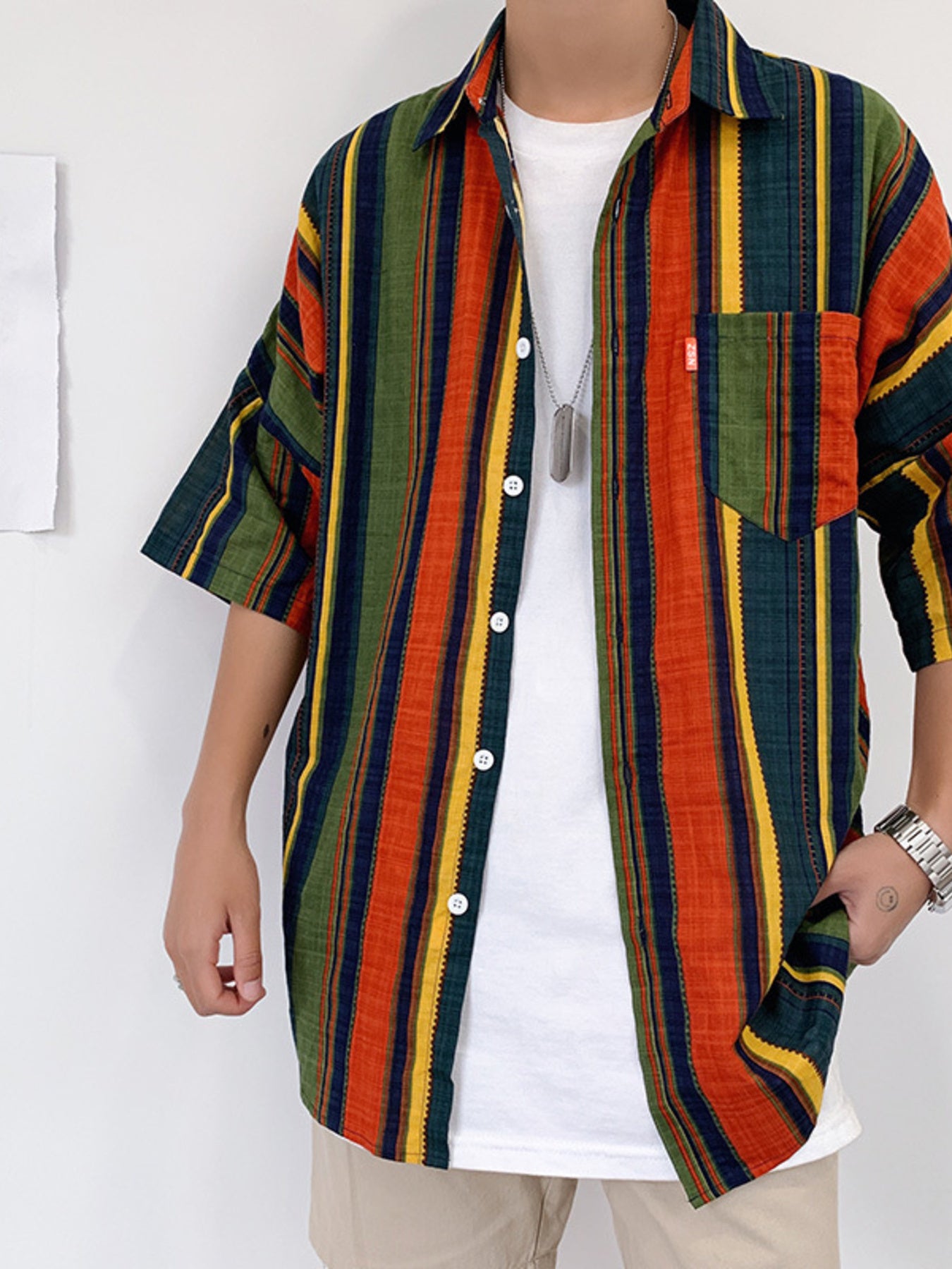 Men's striped half sleeve shirt in cotton blend with classic collar and button-down front.