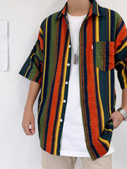 Men's striped half sleeve shirt in cotton blend with classic collar and button-down front.