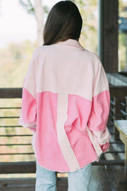 Colorblock corduroy shacket in blush pink with raw edges and a relaxed fit.