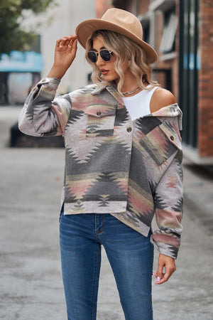 Southwestern print overshirt jacket in gray with pink and tan geometric pattern, button front, and chest pockets.