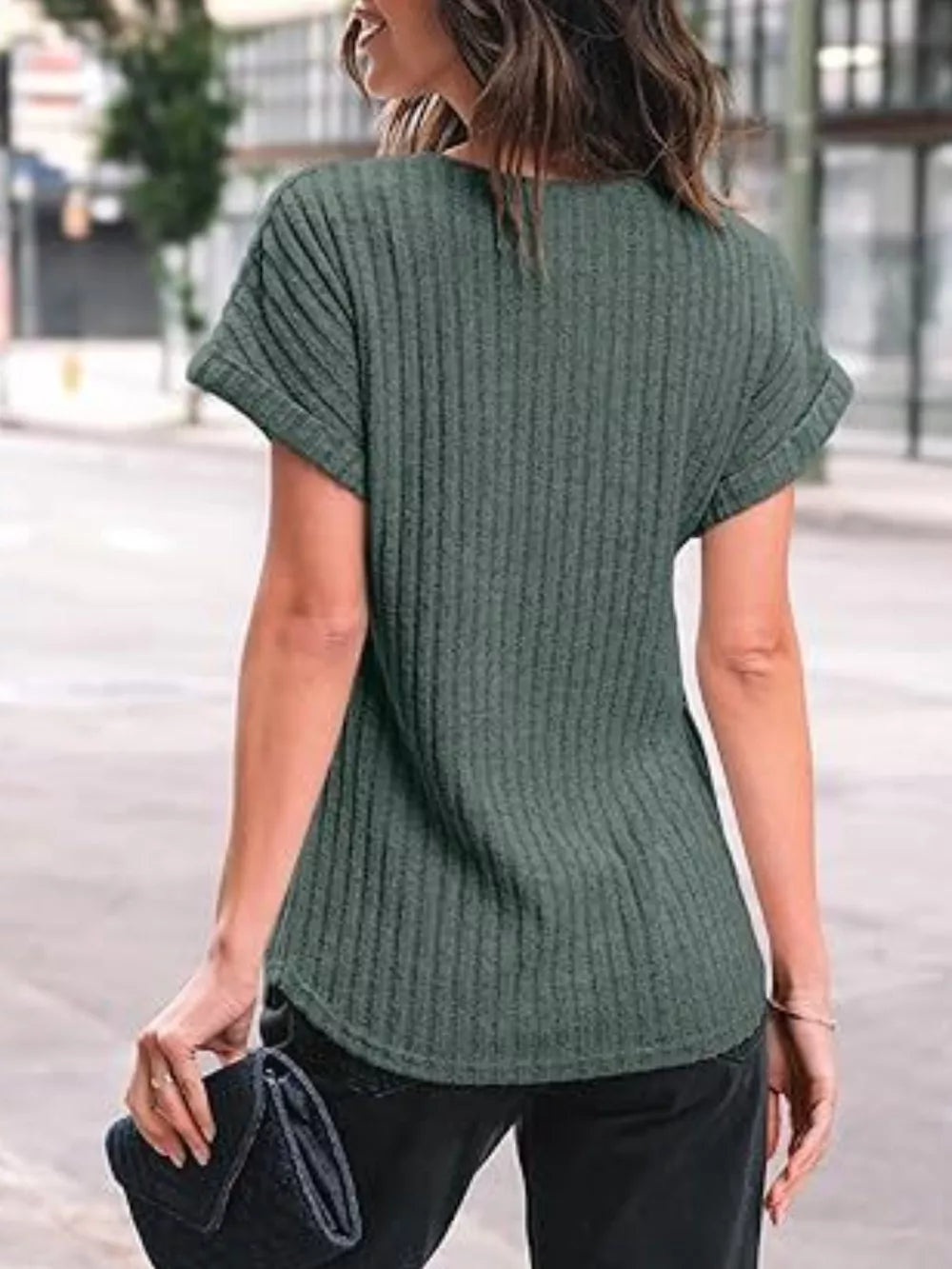 Ribbed knit t-shirt in Army Green with short cuffed sleeves and a curved hem.