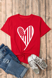 Red short sleeve tee with white heart graphic featuring American flag stars and stripes.