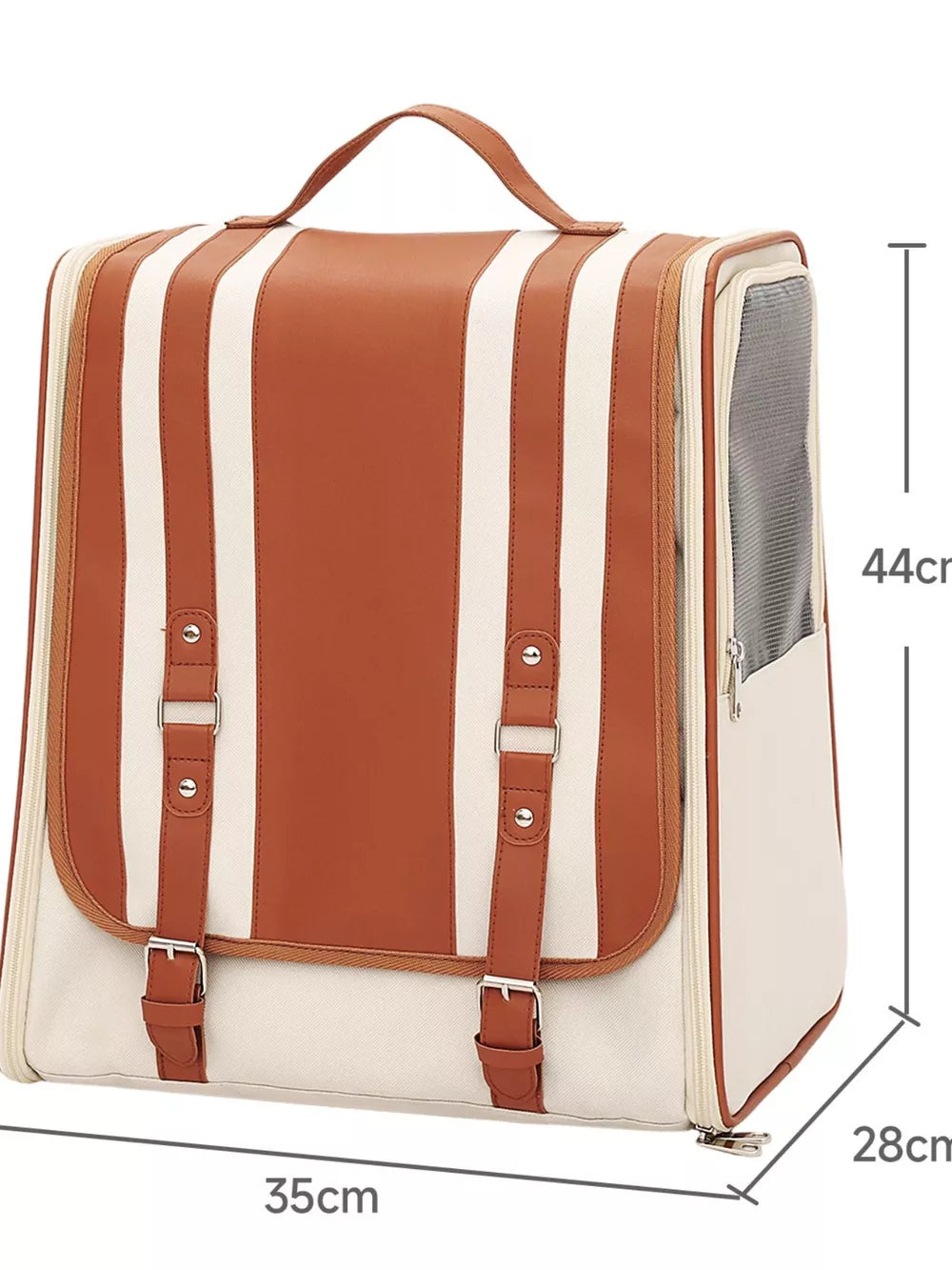 Chic two-tone brown and cream striped pet carrier backpack with leather accents and buckles.