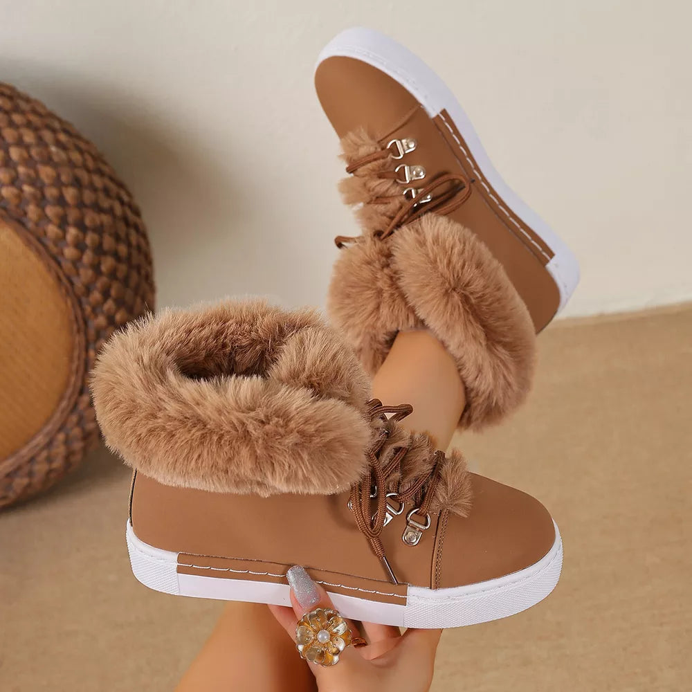 Brown fluffy cuff round-toe platform boots with white soles and lace-up closure.