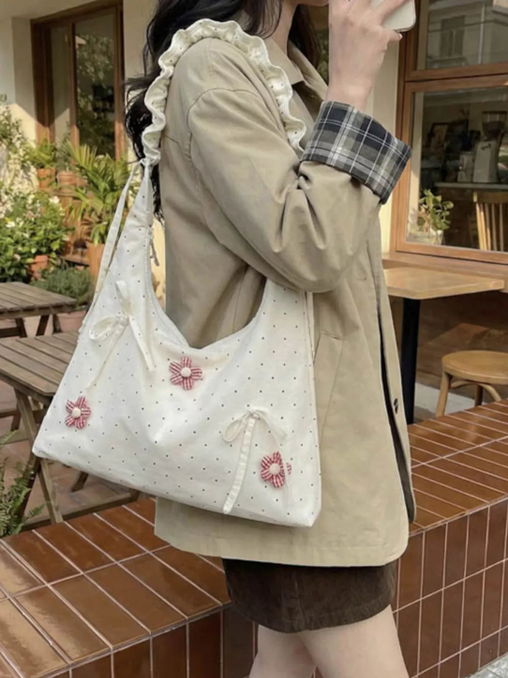 Floral Embellished Shoulder Bag in Cream, front view