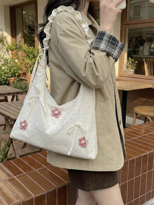 Floral Embellished Shoulder Bag in Cream, product detail