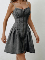 Denim bustier fit-and-flare dress with front zipper and tie straps in black.