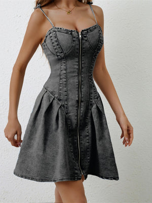 Denim bustier fit-and-flare dress with front zipper and tie straps in black.