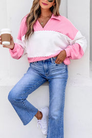 Color Block Ricrac Trim V Neck Long Sleeve Top in Pink, back view