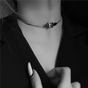 Chic Buckle Titanium Steel Silver Choker Necklace in Silver, side view