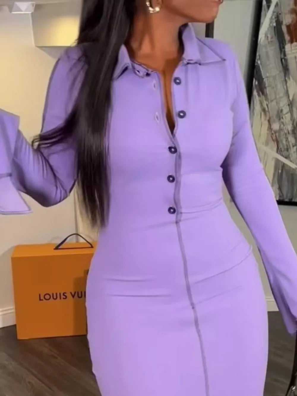 Button Front Long Sleeve Midi Dress in Lavender Purple, side view