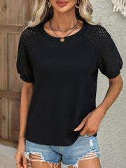Black waffle knit raglan sleeve top with lace detail on sleeves