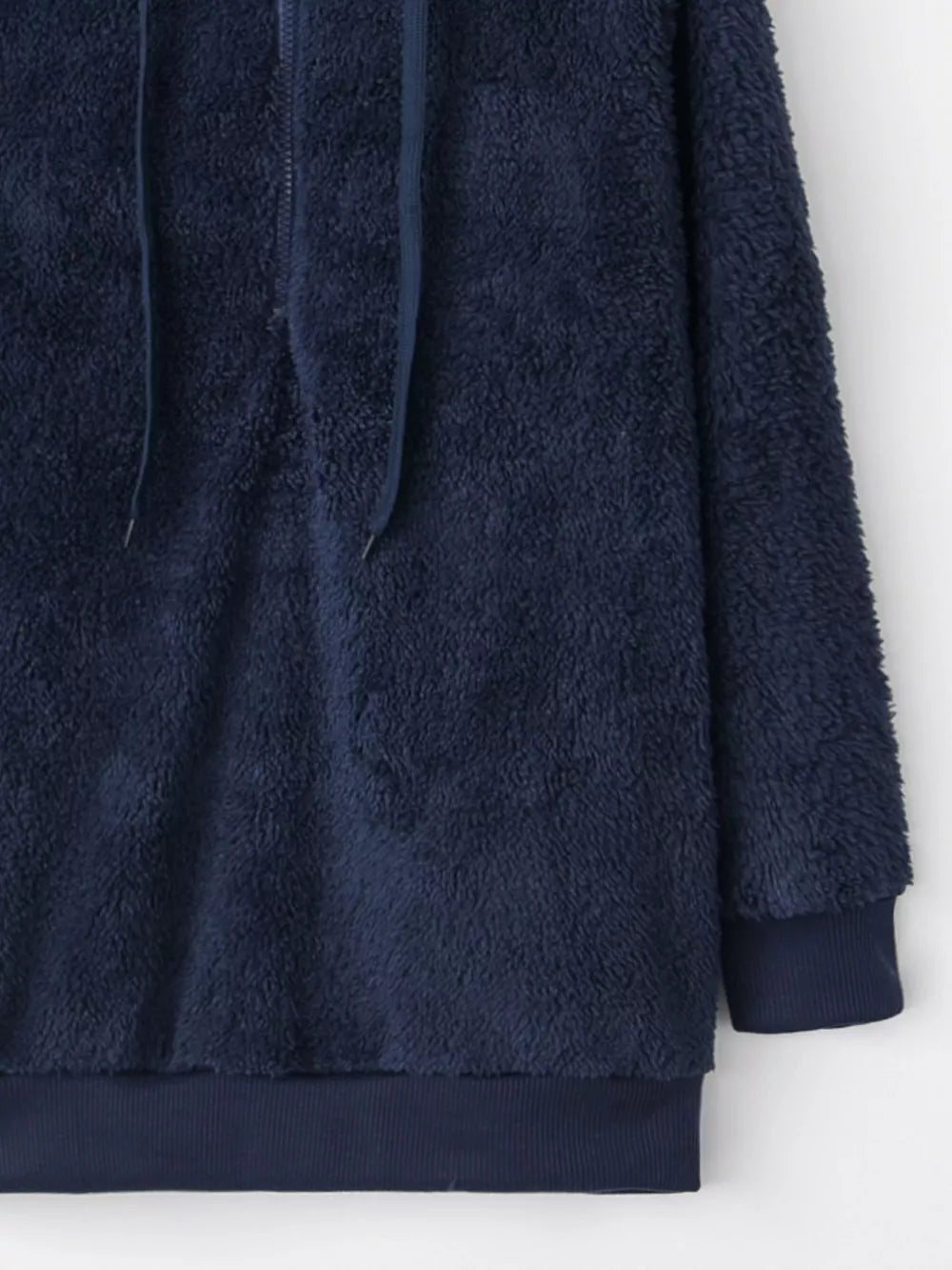 Navy blue fuzzy fleece half-zip hoodie with drawstring and ribbed cuffs and hem.