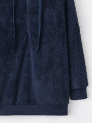 Navy blue fuzzy fleece half-zip hoodie with drawstring and ribbed cuffs and hem.