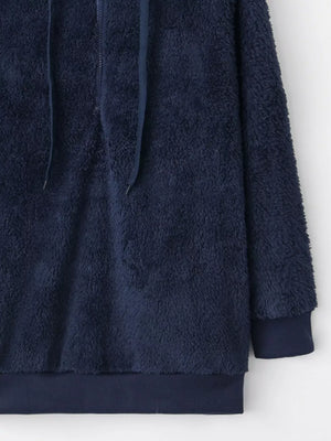 Navy blue fuzzy fleece half-zip hoodie with drawstring and ribbed cuffs and hem.