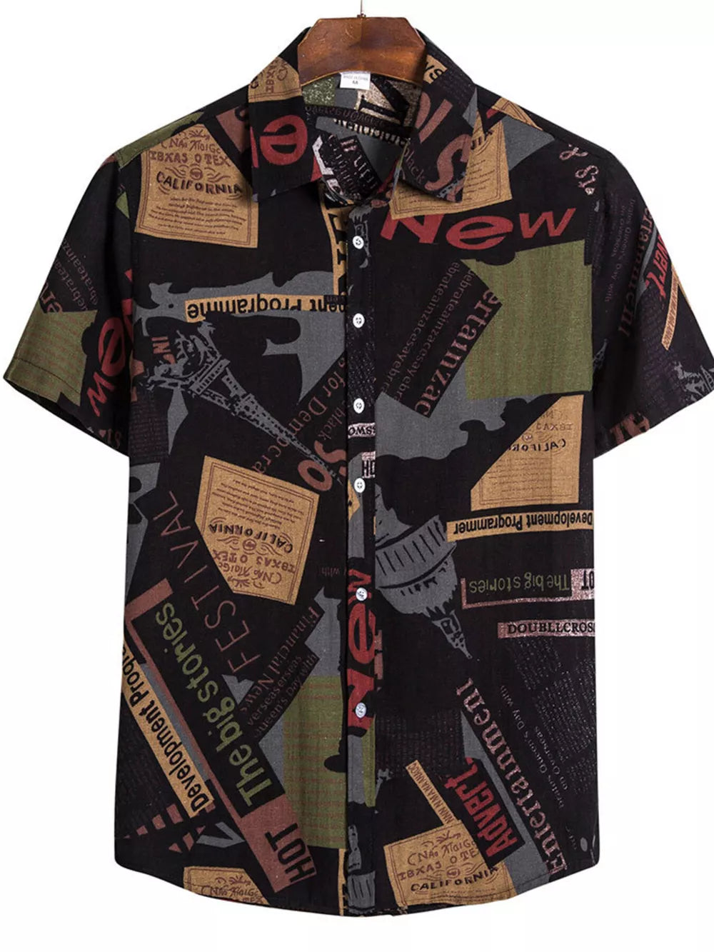 Button-down Graphic Short-sleeve Top in Camel, close-up detail